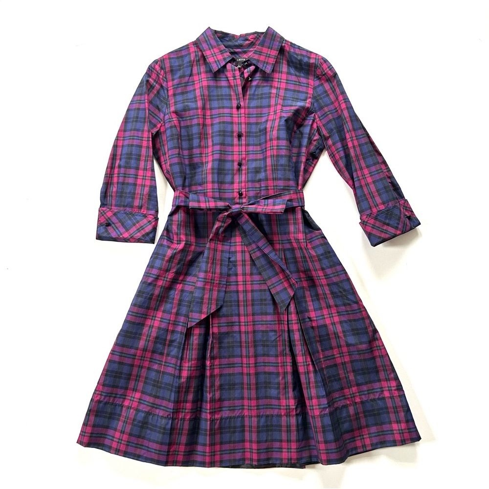 Talbots Navy Blue & Magenta Pink Plaid Silk & Cotton Pleated Button Shirt Dress